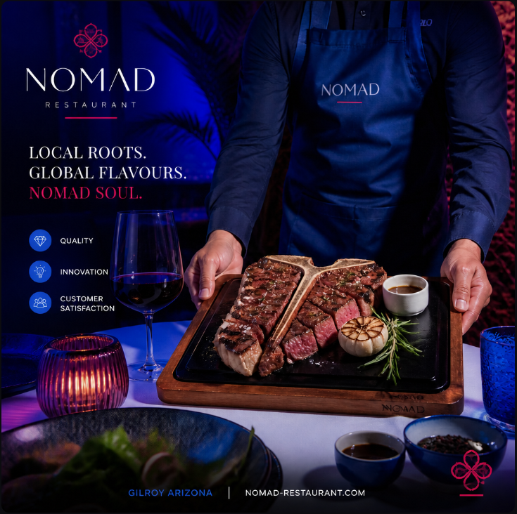 NOMAD Restaurant promotional reference image featuring a branded steak platter, logo, local roots and global flavours messaging, and Gilbert, Arizona and website details.