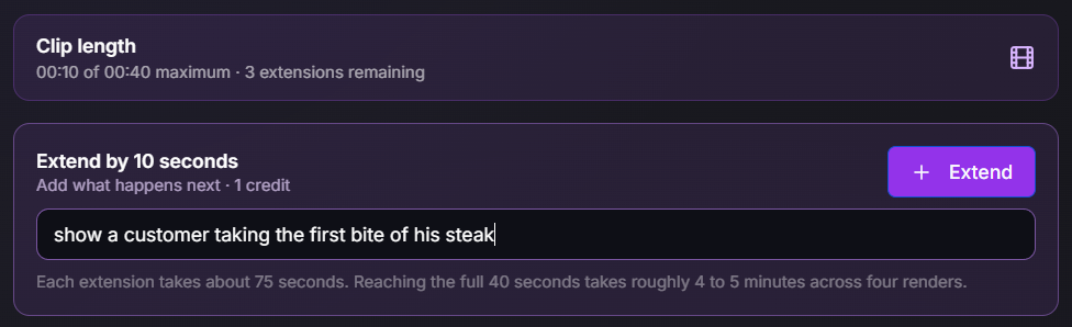 Extend-by-10-seconds panel with the prompt “show a customer taking the first bite of his steak” and the one-credit Extend button.